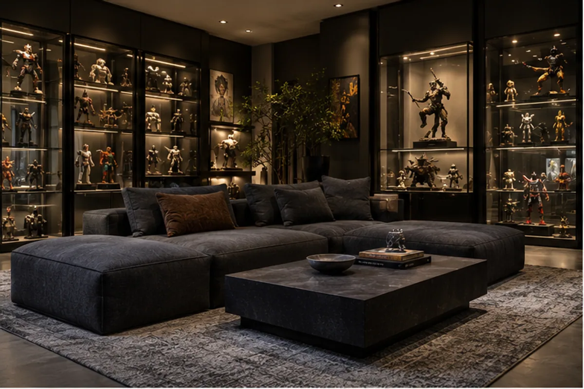 charcoal sofa facing display cabinets